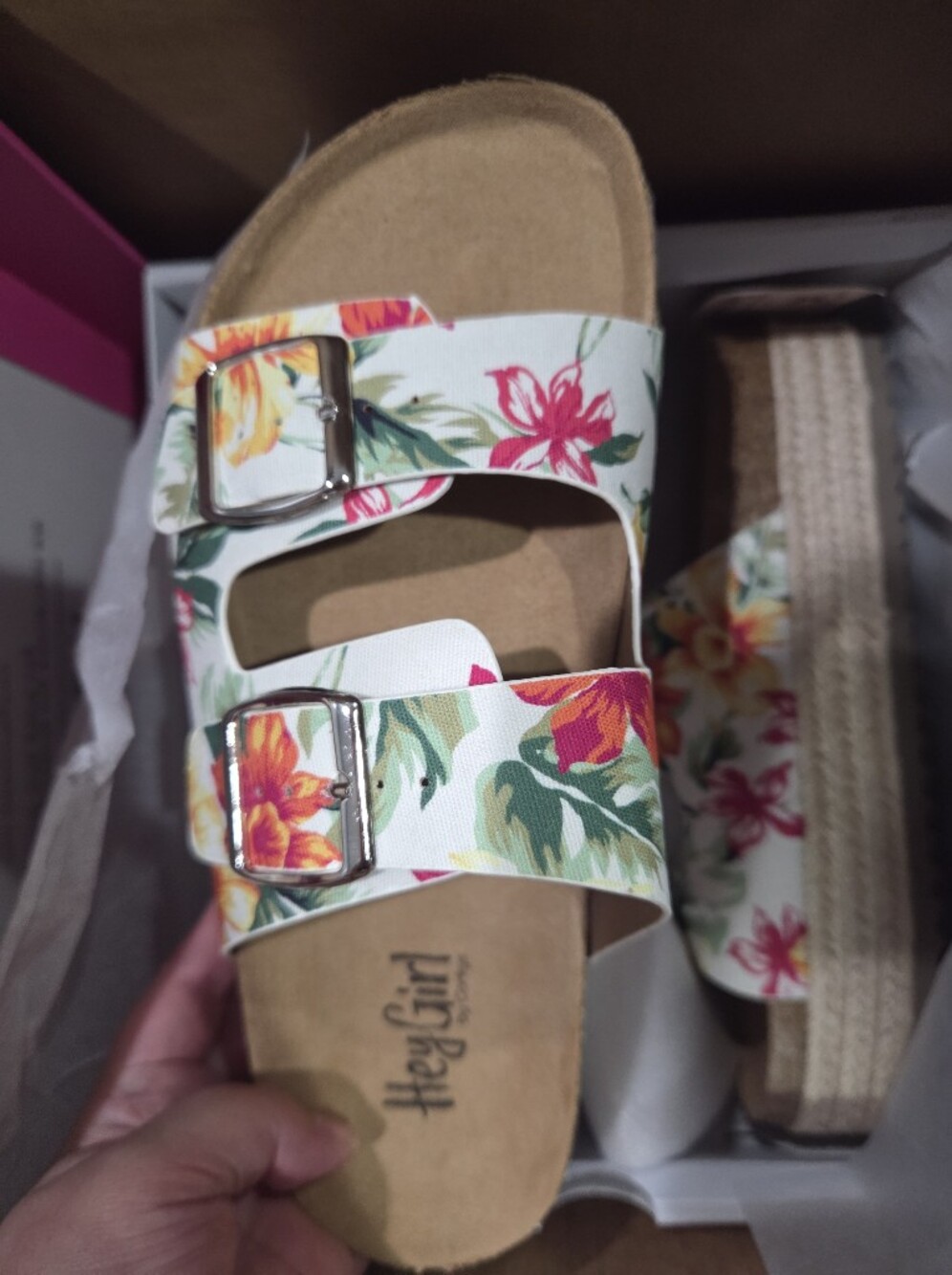 Corkys White Floral Double-Buckle Slide Sandals